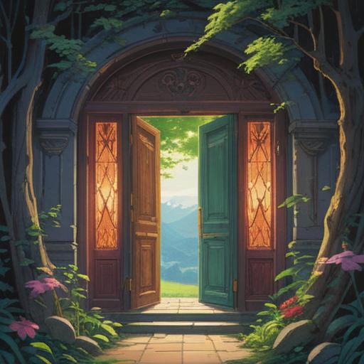 A serene scene of an open door leading to a bright outdoor landscape, symbolizes new beginnings and opportunities, a figure standing at the threshold with a hopeful expression, surrounded by blooming flowers and gentle sunlight, inviting atmosphere, representing readiness for new connections, 4k