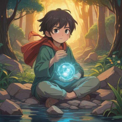A serene illustration depicting a person holding a lucky stone, radiant light emanating from the stone, a calm natural background with gentle flowing water, vibrant green trees, soft sunlight filtering through leaves, symbolism of healing and transformation, hopeful expression on the person's face, gentle breeze, 4k