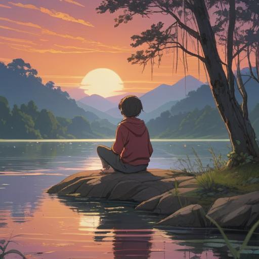 A serene illustration depicting an individual sitting by a tranquil lake, looking contemplative, surrounded by soft, glowing light, gentle ripples on the water reflecting the sunset, a journal open on their lap, symbols of healing like a small plant beside them, emotional strength and resilience portrayed through their posture, a sense of hope in the air, calming colors, 4k