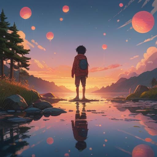 A thought-provoking illustration depicting a young person standing alone on a reflective lake at sunset, surrounded by softly glowing orbs symbolizing emotions, ethereal mist rising from the water, deep in contemplation, surreal elements representing hidden reasons and spiritual significance, gentle colors, tranquil atmosphere, intricate details in the background, introspective mood, 4k