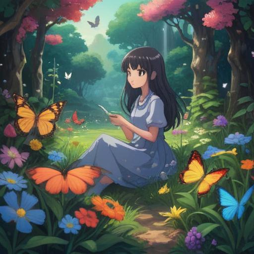 A serene and introspective scene, a person sitting alone in a peaceful garden, surrounded by blooming flowers and fluttering butterflies, a soft glow of sunlight filtering through the trees, representing personal growth and self-reflection, a peaceful expression on their face, signs of spiritual awakening, gentle colors, calm atmosphere, harmonious connection with nature, 4k