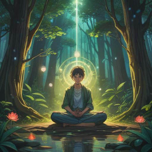 A serene illustration depicting a person sitting in meditation, surrounded by glowing spiritual symbols, soft rays of light filtering through trees, an atmosphere of introspection and realization, vibrant colors representing emotions, a subtle hint of nature's elements like flowing water or floating leaves, 4k