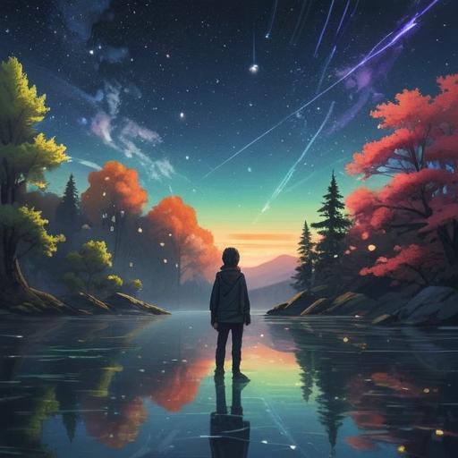 A deep and introspective digital artwork, a solitary figure standing at the edge of a serene lake, surrounded by sparkling stars and a vibrant night sky, representing loneliness and self-discovery, ethereal glow illuminating the scene, reflective waters symbolizing inner thoughts, delicate balance between hope and despair, 4k
