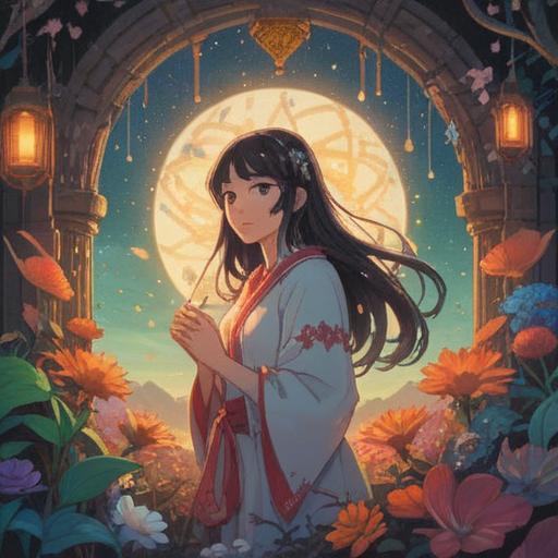 A serene and ethereal scene depicting a woman surrounded by spiritual symbols, gentle light illuminating her figure, tranquil nature backdrop with soft petals falling, aura glowing around her, representing personal transformation and spiritual awakening, harmonious color palette, mystical atmosphere, 4k