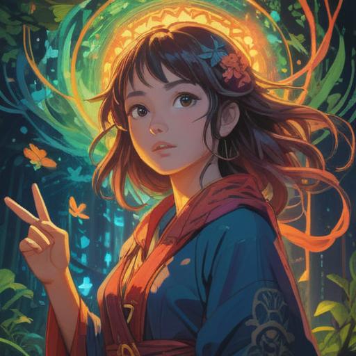 A spiritual woman with glowing aura, surrounded by symbolic signs and subtle energy flow, nature setting with vibrant colors, ethereal light casting shadows, intricate details on her outfit reflecting her spirituality, contemplative expression, elements of nature like leaves and water around her, surreal atmosphere, harmonious connection with the universe, 4k