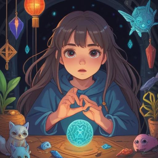 A serene illustration of a girl discovering her spiritual side, surrounded by mystical symbols, a glowing amulet in her hands, soft pastel colors, gentle light radiating, lush nature backdrop, peaceful expression, ethereal atmosphere, 4k