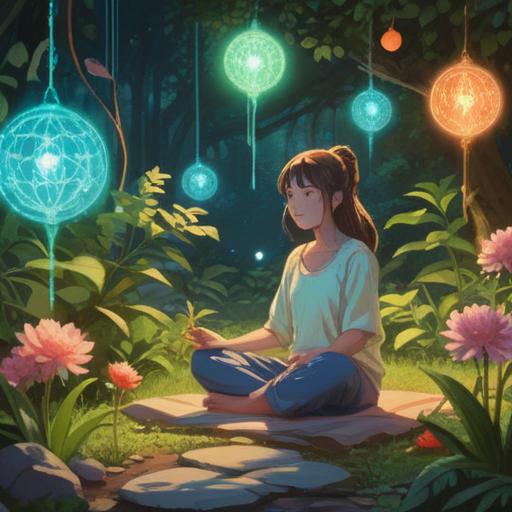 A serene illustration of a young woman meditating in a tranquil garden, surrounded by luminous orbs representing positive energy, soft sunlight filtering through lush trees, gentle flowers blooming around her, a sense of peace and self-discovery, vibrant colors, harmonious atmosphere, detailed elements of nature, 4k