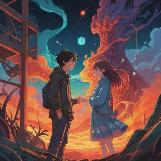 A spiritual-themed illustration depicting a couple in a heated argument, contrasting emotions, ethereal elements surrounding them, symbols of conflict and connection, soft glowing light, tension in the air, deep expression on their faces, colorful backgrounds representing their feelings, 4k