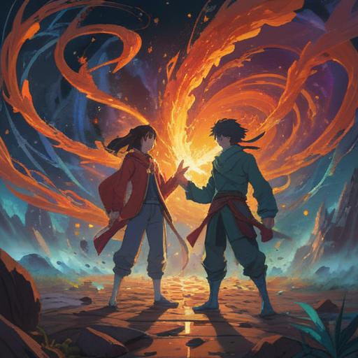 A dynamic and intense scene depicting a spiritual awakening through conflict, two figures engaged in a fierce yet meaningful argument, energy swirling around them representing transformation, vibrant colors symbolizing emotions and growth, mystical symbols in the background, a balance of shadow and light, conveying the idea of conflict leading to enlightenment, 4k