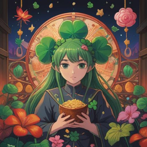 A vibrant illustration of various lucky items that promote peace and harmony, including a colorful four-leaf clover, a lucky charm with a symbol of friendship, calming crystals arranged in a circle, gentle sunlight pouring through a window, a peaceful background filled with soft greenery, warm and inviting atmosphere, detailed objects showcasing their significance, 4k