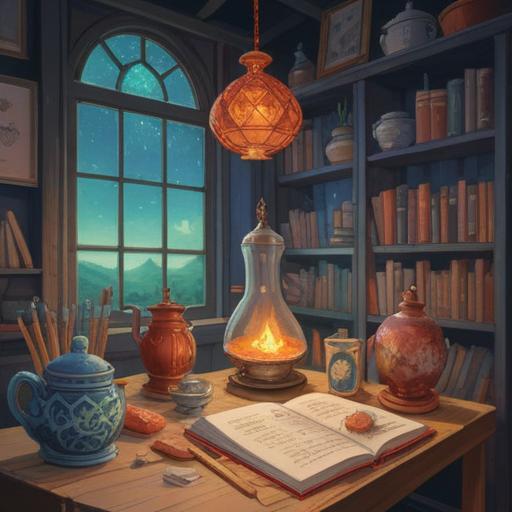 A serene still life composition, featuring calming crystals, herbal teas, a journal, and mindfulness tools, warm candlelight casting a gentle glow, natural elements like plants and stones, inviting and peaceful atmosphere, promoting mental balance and tranquility, detailed textures, 4k