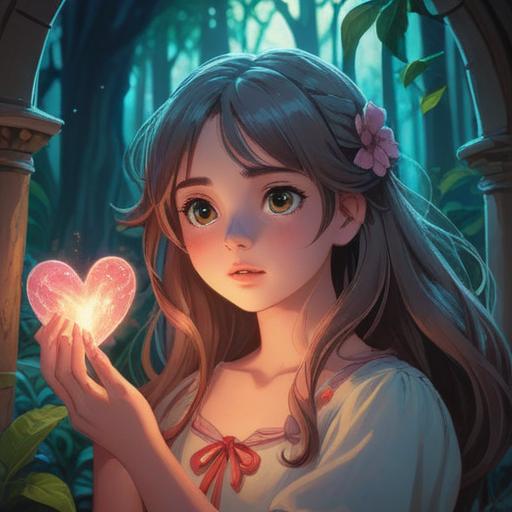 A serene and introspective scene, depicting a young woman gazing at a glowing heart, soft light illuminating her face, surrounded by ethereal symbols of love and connection, peaceful nature background, a sense of hope and longing, spiritual energy radiating, vibrant yet soothing colors, 4k