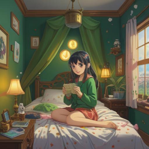 A whimsical illustration of a young woman in a cozy bedroom, surrounded by lucky charms like a four-leaf clover, a wishbone, and a cute stuffed animal, a glow of warm light illuminating the scene, a hopeful expression on her face, reflecting her desire for love, vibrant colors, dreamy atmosphere, enchanting details, 4k