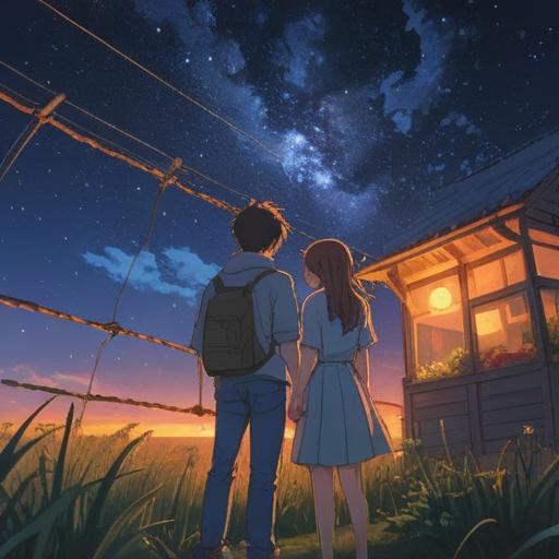 A serene illustration depicting a young couple under a starry night sky, the boyfriend's gentle presence radiating a warm glow, ethereal symbols of spirituality surrounding them, a harmonious blend of nature and cosmos, feelings of positivity and hope, expressive emotions, 4k