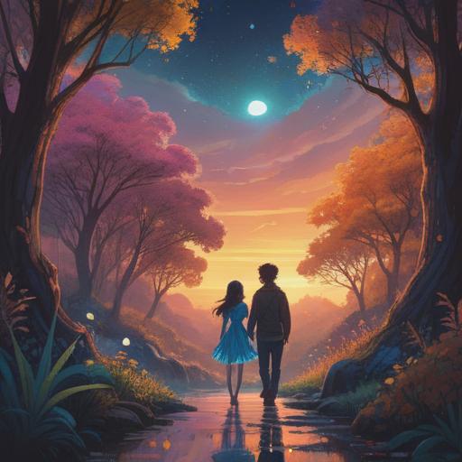 A dreamy illustration depicting a mystical scene, vibrant colors, ethereal elements, a silhouette of a couple holding hands, surrounded by glowing orbs, soft light filtering through clouds, symbolism of love and connection, peaceful atmosphere, 4k
