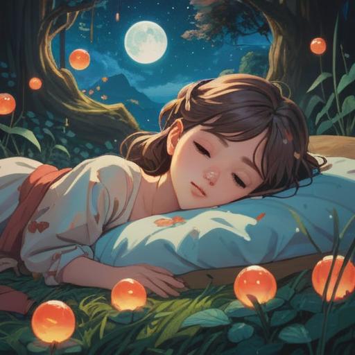A serene and dreamy landscape, a young woman peacefully sleeping, surrounded by soft, glowing orbs representing dreams, ethereal colors blending in the background, a gentle smile on her face, symbols of love and spirituality gently floating around, starry sky, peaceful ambiance, 4k