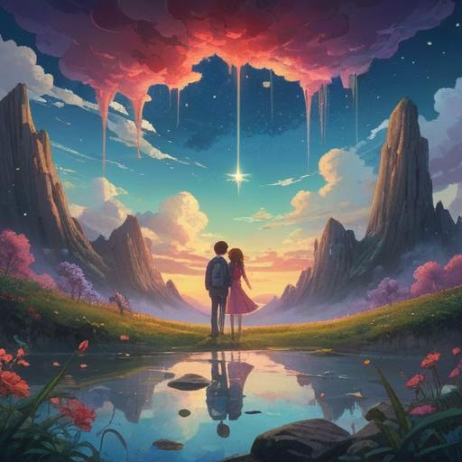 A dreamy, ethereal landscape, a whimsical scene with clouds and stars, a glowing key symbolizing love and trust, a romantic couple sharing a tender moment, soft light illuminating their faces, a message written in a heart-shaped cloud, pastel colors, magical atmosphere, surreal and enchanting details, 4k