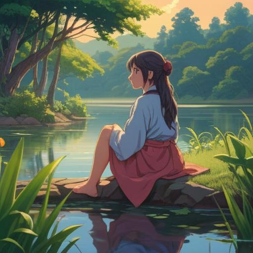 A serene and introspective scene depicting solitude, a young woman sitting by a tranquil lake, surrounded by nature, contemplating her life choices, ethereal light filtering through trees, soft reflections on water, a sense of calm and self-discovery, symbols of personal growth like blooming flowers and butterflies, 4k