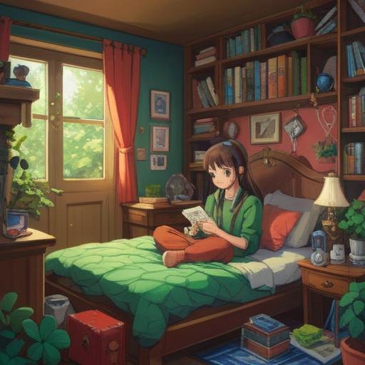 A whimsical illustration of a young woman in a cozy room, surrounded by lucky items like a four-leaf clover, a horseshoe, and a lucky cat, a hopeful expression on her face, soft pastel colors, detailed elements representing good luck, a window showing a bright sunny day outside, inviting atmosphere, 4k