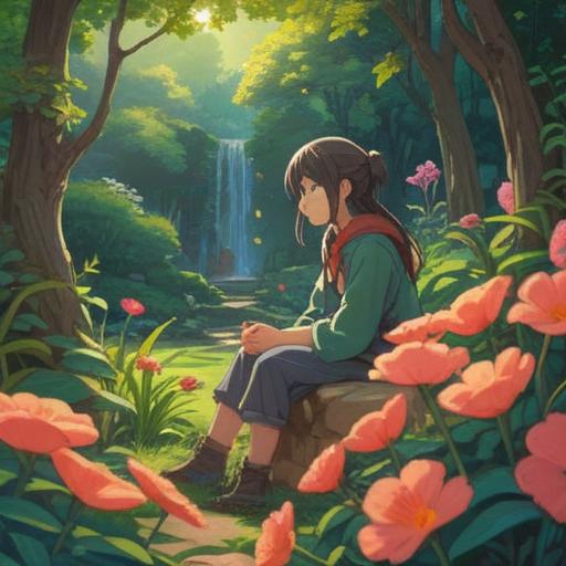 A serene and introspective illustration, a young woman sitting alone in a tranquil garden, surrounded by blooming flowers and soft sunlight, contemplating her thoughts, ethereal light illuminating her, representing spiritual growth and self-discovery, symbolic elements like butterflies and gentle breezes, calm and reflective atmosphere, 4k