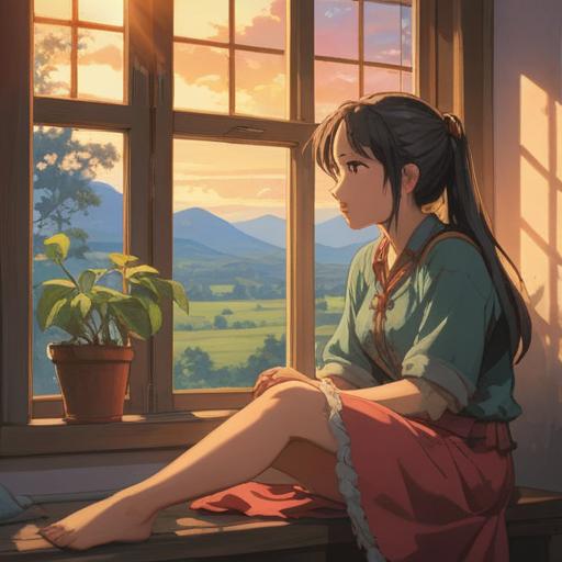 A serene and contemplative scene depicting a young woman sitting by a window, gazing thoughtfully outside, gentle sunlight filtering in, symbolizing hope and self-reflection, surrounded by uplifting elements like blooming plants and soft, glowing orbs, conveying spiritual growth and inner peace, warm color palette, peaceful atmosphere, 4k