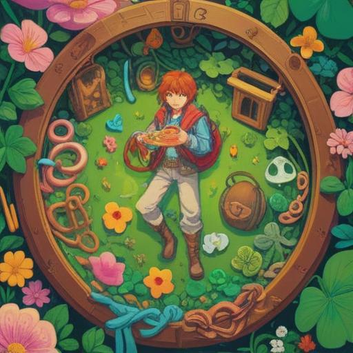 A whimsical illustration depicting lucky charms for finding a boyfriend, colorful and vibrant objects like four-leaf clovers, horseshoes, and lucky coins arranged in a charming setting, enchanting atmosphere, playful details in the background such as flowers and sparkling lights, warm and inviting colors, 4k