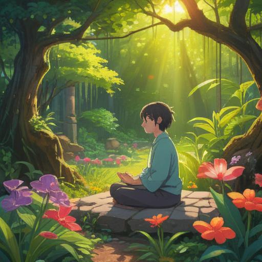 A serene scene depicting a person meditating in a lush garden, surrounded by blooming flowers, soft sunlight filtering through the leaves, a gentle breeze creating a sense of tranquility, symbolic elements like hearts and stars floating around, representing love and positivity, detailed facial expression of calmness, vibrant colors, harmonious atmosphere