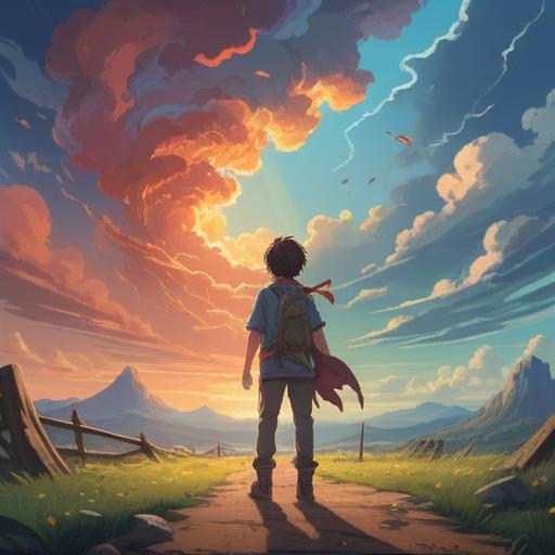 A hopeful scene depicting a person standing at a crossroads, vibrant sunlight breaking through clouds, symbolic signs pointing towards 'opportunity' and 'dreams', lush greenery surrounding the path, an expression of determination on their face, gentle breeze rustling leaves, serene and uplifting atmosphere, 4k