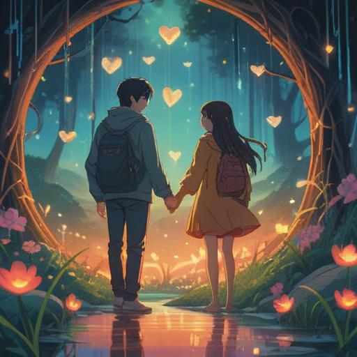 A serene and ethereal scene depicting a couple holding hands, surrounded by floating symbols of love and union, soft glowing light, elements representing spirituality such as butterflies and flowers, gentle expressions of joy and connection, peaceful background with a radiant sunset, harmonious energy, 4k