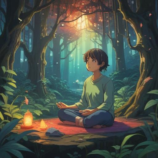 A serene and thought-provoking scene, a person meditating in a tranquil forest, ethereal lights surrounding them, symbols of guidance and spirituality appearing in the air, gentle flowing water nearby, vibrant foliage, a sense of harmony with nature, mystical atmosphere, 4k