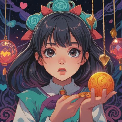 A surreal illustration depicting a surprised girl holding an unusual lucky charm, vibrant colors, dreamy atmosphere, whimsical details, contrasting emotions, elements symbolizing good fortune, intriguing facial expression, soft lighting, 4k