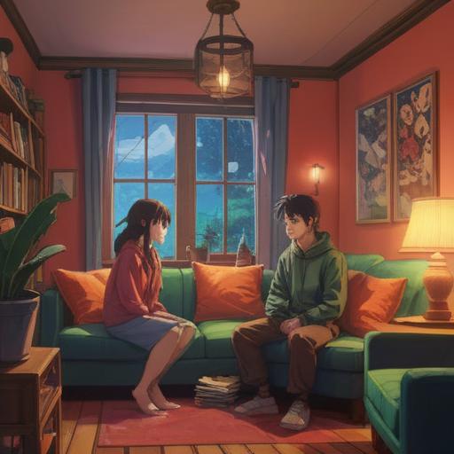A cozy scene of a couple sitting together in a warm living room, engaging in deep conversation, emotional connection, soft lighting from a nearby lamp, books and tea on the table, intimate atmosphere, gestures of affection, genuine smiles, reflecting mutual understanding, serene environment, 4k