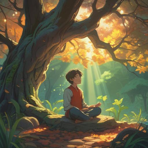 A serene and introspective scene, a person meditating under a large tree, soft sunlight filtering through leaves, a sense of release and freedom, spiritual journey represented by floating orbs of light, gentle breeze rustling hair, peaceful expression, vivid colors, harmonious atmosphere, 4k
