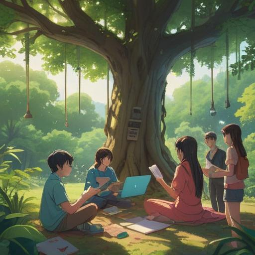 A serene outdoor gathering, diverse group of people sharing ideas, notebooks and laptops spread around, sunlight filtering through trees, vibrant greenery, harmonious atmosphere, collaboration and unity, focus on teamwork, high-resolution