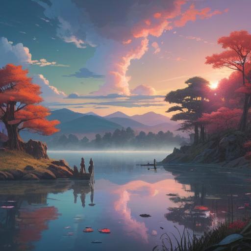 A serene landscape at dawn, vibrant colors in the sky, gentle mist over a tranquil lake, symbolic representation of spiritual awakening, figures meditating peacefully, soft light illuminating nature, ethereal atmosphere, connection between the physical and spiritual realms, 4k
