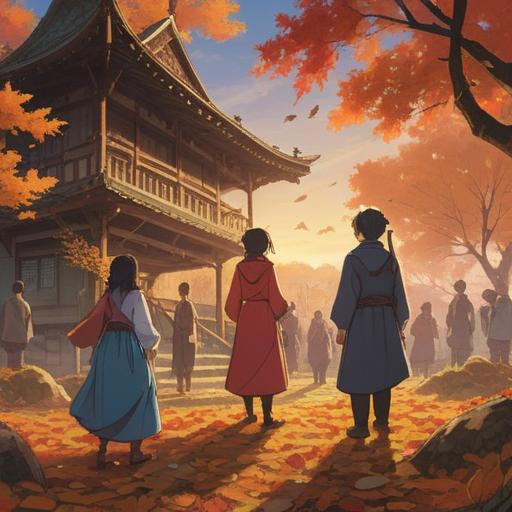 A serene illustration of Higan, autumn leaves falling, people participating in rituals, a vibrant sunrise symbolizing new beginnings, joyful expressions on faces, traditional Japanese attire, abundant nature, a feeling of hope and prosperity, peaceful surroundings, 4k
