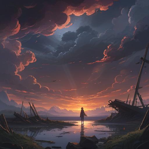 A reflective scene depicting a person surrounded by dark clouds, symbolizing negativity, ethereal light breaking through, contrasting feelings of despair and hope, serene environment, nature elements like trees and flowers, deep emotional resonance, spiritual awakening, 4k