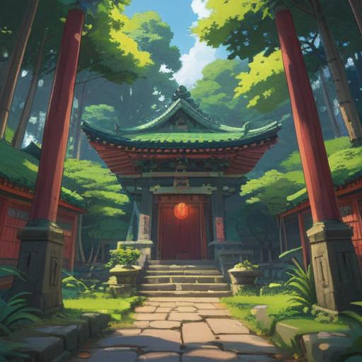 A serene depiction of Iwasunajinja Shrine, surrounded by lush greenery and sacred stones, ethereal light filtering through the trees, tranquil atmosphere, ancient spiritual energy, connection to nature, traditional Japanese architecture, peaceful presence, harmonious setting, 4k