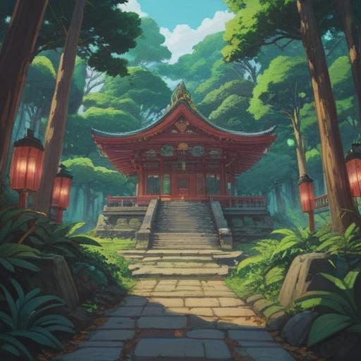 A serene illustration of Iwasune Shrine, mystical atmosphere, lush greenery surrounding the shrine, ethereal light filtering through the trees, sacred symbols embedded in the architecture, tranquil mood, spiritual signs and omens subtly depicted, inviting pathway leading to the shrine, nature and spirituality harmonizing, 4k