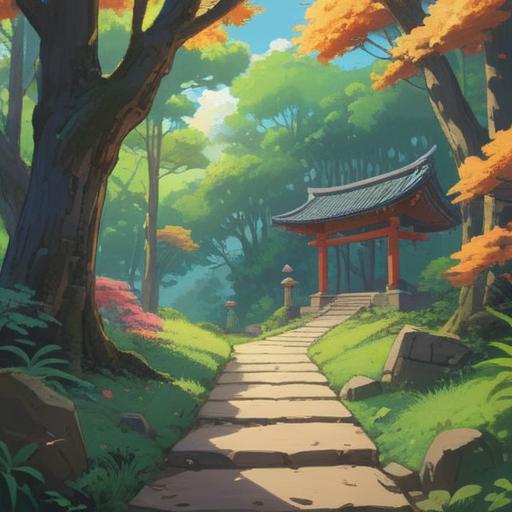 An illustration of a serene scene at Iwasune Shrine, featuring a tranquil path leading to the shrine, bright and lush greenery, spiritual symbols subtly placed along the pathway, gentle rays of sunlight filtering through the trees, visitors observing the signs with curiosity, a sense of peace and spirituality in the air, rich cultural elements, inviting atmosphere, 4k