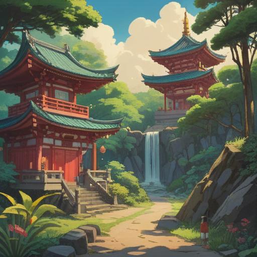 A serene depiction of worshippers at Iwasune Shrine, surrounded by lush greenery and traditional architecture, vibrant colors of lucky charms displayed, cultural significance highlighted, gentle sunlight filtering through trees, peaceful atmosphere, intricate details of the shrine's design, 4k