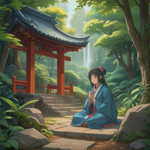 A serene scene of worship at Iwafune Shrine, a visitor dressed in traditional attire, deep in meditation, surrounded by lush greenery, ancient stone lanterns, a tranquil atmosphere, gentle sunlight filtering through trees, representing spiritual connection and respect, 4k