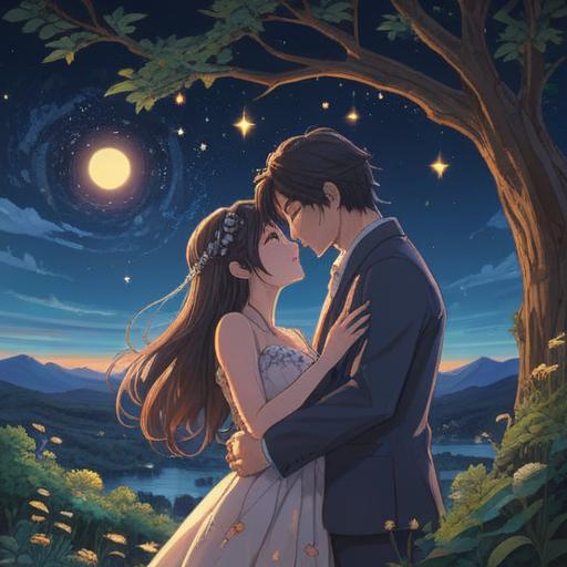 A serene illustration depicting the spiritual meaning of late marriage, a tranquil couple embracing under a starry sky, symbols of wisdom and growth surrounding them, gentle light illuminating their faces, intertwined hands representing unity, nature elements like blooming flowers and flowing water, ethereal atmosphere, deep emotional connection, 4k