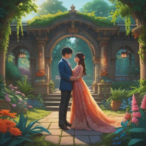 A mystical and serene illustration depicting the concept of late marriage as a spiritual sign, featuring a couple in a tranquil garden, surrounded by blooming flowers and gentle sunlight, symbols of growth and maturity, a sense of peace and fulfillment, rich colors and soft textures, inviting atmosphere, harmonious balance, 4k