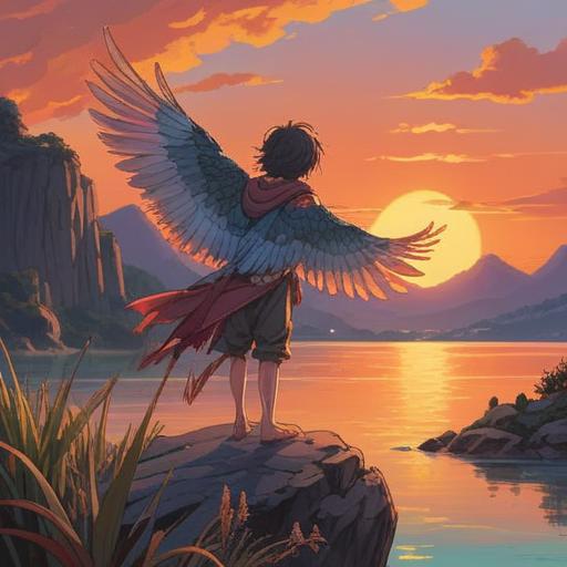 A thoughtful contemplative scene, an individual gazing at a sunset, symbolic elements of patience and self-discovery, subtle signs like feathers and butterflies in the surroundings, soft glowing aura, warm and inviting atmosphere, serene facial expression, nature ambiance, 4k