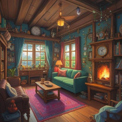 A whimsical illustration depicting a cozy living space filled with symbolic lucky items representing the changes brought by late marriage, a decorative wall adorned with framed photos of joyful moments, vibrant plants that signify growth and harmony, a table set with a steaming cup of tea and a fortune cookie, warm light creating an inviting atmosphere, detailed elements showcasing personal transformation, soft focus, 4k