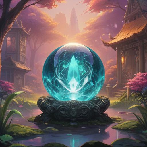 A tranquil scene depicting a spiritual lucky item that helps resolve dilemmas, featuring a radiant crystal orb emitting soft light, surrounded by soothing greenery and calming water, symbolizing balance and peace, gentle flowing energy, harmonious atmosphere, intricate details, inviting ambiance, 4k