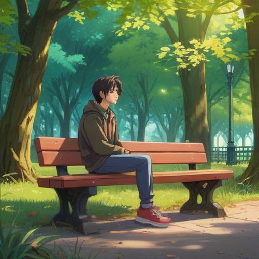 A serene scene depicting a person sitting on a park bench, deep in thought, surrounded by trees and soft sunlight filtering through the leaves, visual representations of conflicting thoughts floating around them, such as arrows pointing in different directions, calm expressions, a feeling of clarity emerging, tranquil environment, peaceful resolution, 4k