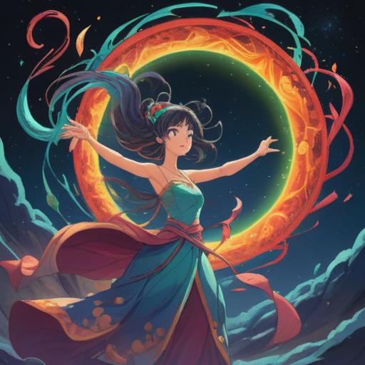 A spiritual illustration representing the counterclockwise phenomenon, swirling energies, a mystical figure embodying harmony, cosmic elements surrounding her, vibrant colors symbolizing emotional release, intricate mandala patterns, peaceful ambiance, nature-inspired elements weaving through the scene, 4k