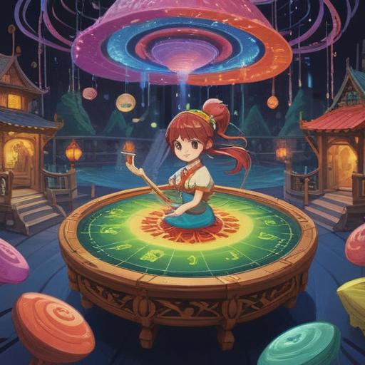 A vibrant and whimsical illustration of a lucky charm associated with counterclockwise movement, features a colorful spinning top surrounded by swirling gentle breezes, floating leaves, and playful sparkles, showcasing symbols of luck like four-leaf clovers and horseshoes, an enchanting atmosphere, bright colors, cheerful expressions, high detail in the background, 4k